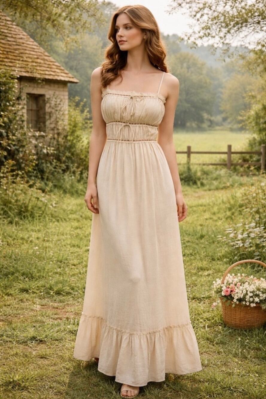 Sincerely Jules Smocked Ruffle Maxi Dress Cream Medium Cottagecore Milkmaid Boho